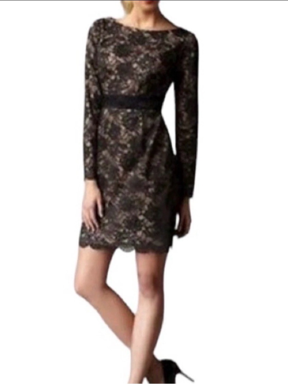 Trina Turk Black Lace Overlay Dress with Nude Underlay Size 2